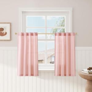 Pink Linen Cafe Farmhouse Kitchen Curtains 36 Inch Length Linen Privacy Light Filtering Pleated Short Curtains with Rod Pocket Back Tab for Over Sink Cafe Girl Bathroom Laundry Room 2 Panels 26Wx36L