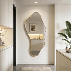 DAOYIJIAJU Irregular Mirror, 40"x18" Asymmetrical Wall Mirror with Gold Metal Frame, Odd Shaped Mirror, Modern Abstract Mirrors for Living Room Bedroom Hallway Entryway, Horizontal or Vertical Hanging