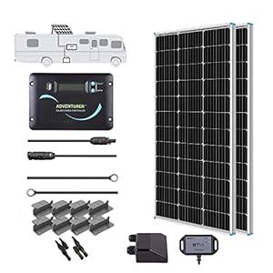 Renogy 200 Watts 12 Volts Monocrystalline RV Solar Panel Kit with Adventurer 30A LCD PWM Charge Controller and Mounting Brackets for RV, Boats, Trailer, Camper, Marine, Off-Grid Solar Power System 