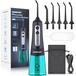 Cordless Water Dental Flosser Teeth Cleaner with Tips Case, INSMART Professional 300ML Tank DIY Mode USB Rechargeable Oral Irrigator for Home and Travel, IPX7 Waterproof 4 Modes Irrigate for Oral Care