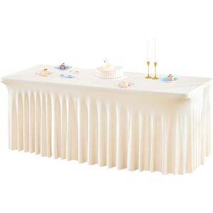 1 Pack Ivory Table Clothes for 4 Foot Rectangle Tables, One-Piece Wrinkle Resistant Stretch Spandex Table Covers with Skirt for Event Banquet Wedding Birthday Party