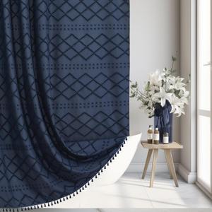 Extra Long Boho Farmhouse Shower Curtain Woven Fabric Navy Blue 84 Inch Curtain, 72 x Tufted Chevron Textured Striped Modern Minimalist Cloth Set with Hooks for Bathroom