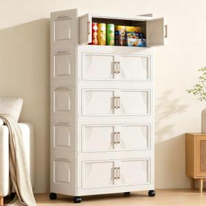 5 Tier Foldable Storage Cabinet with Lids, 313QT Large Premium PP Storage Organizer with Magnetic Doors and Wheels, Heavy Duty White Storage Bins for Home, Office, Kitchen, Dorm