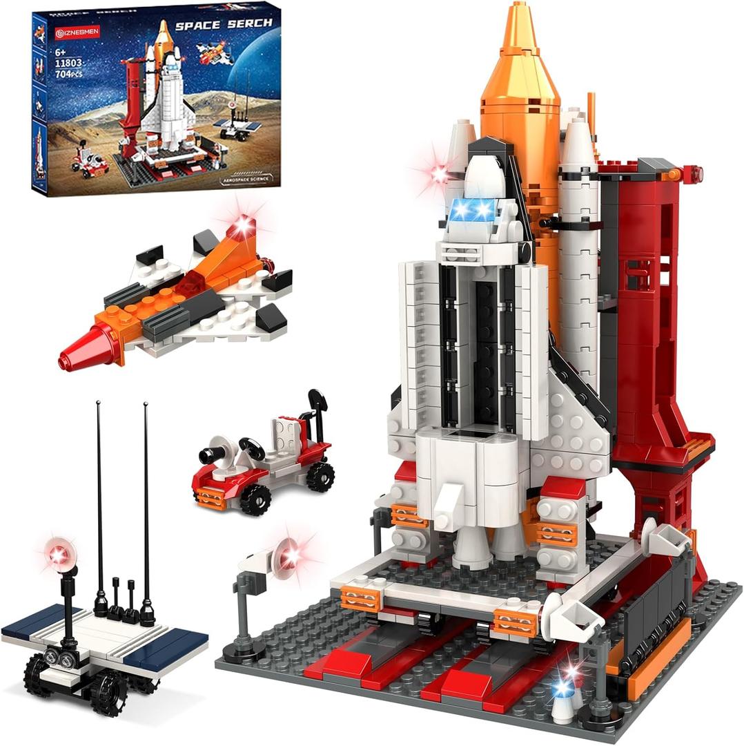 704 PCS Space Shuttle Exploration Rocket Launch Center Block Set, 4-in-1 STEM Aerospace Rocket Building Block Toys for Boys and Girls Ages 6 7 8 9 10 11 12, Ideal for Holidays and Parties