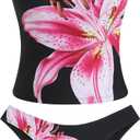 ZAFUL Women's Floral Tankini Swimsuits Bandeau Tummy Control High Cut Tankini Set Two Piece Bathing Suit (Large, 1-black Flower)