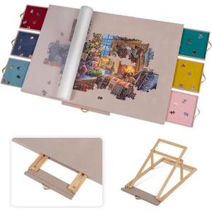 Lavievert Fully Flannel Covered Tilting Puzzle Board with 6 Drawers & Cover, Adjustable Plateau with Stand for Adults, Portable Puzzle Table with Non-Slip Tabletop for Up to 1500 Pieces - Dusty Pink