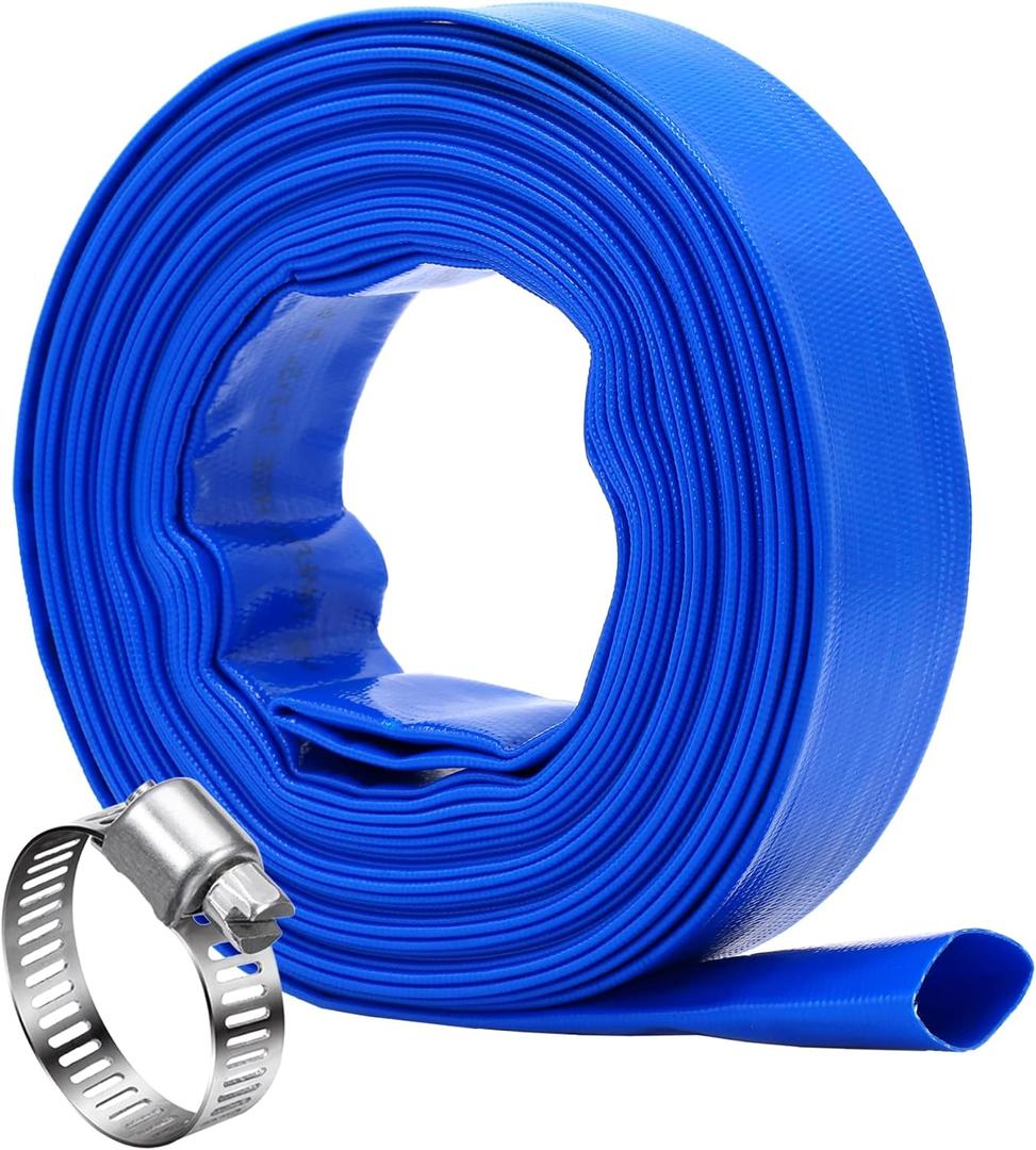 DAVCO 1.5" x 100 ft Pool Backwash Hose, Heavy Duty Reinforced Blue PVC Lay Flat Water Discharge Pump Hoses For Swimming Drain Pools and Clean Filters,with 1 Clamp