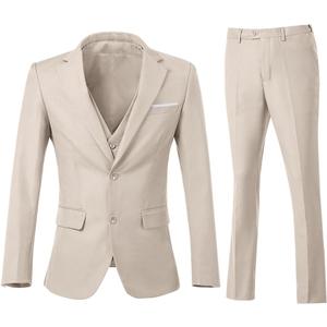 Men's 3 Piece Slim Fit Suit Set, Two Button Blazer Solid Jacket Vest Pants Wedding Business Suit (Light Champagne)