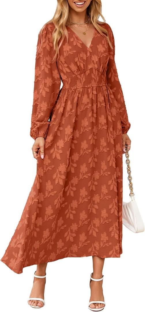 Simplee Womens Boho Floral Long Sleeve Maxi Dress V Neck Empire Waist Fall Wedding Guest Dresses with Pockets,Medium