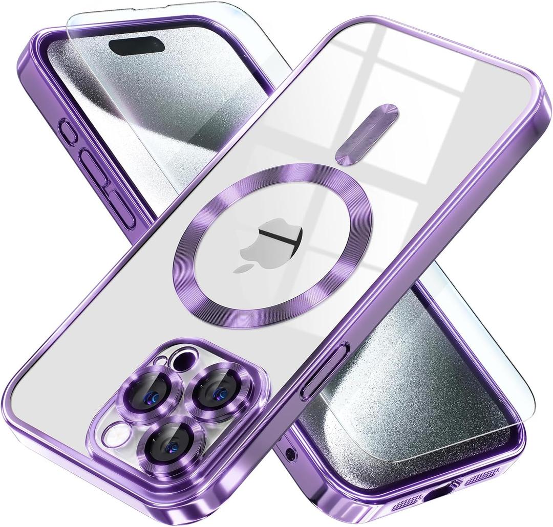 Misea Magnetic for iPhone 15 Pro Max Case with MagSafe [Never Yellowing] [Military Grade Drop Protection] Full Camera Lens Protector Plating Soft Clear Phone Case for Women Girls, Purple
