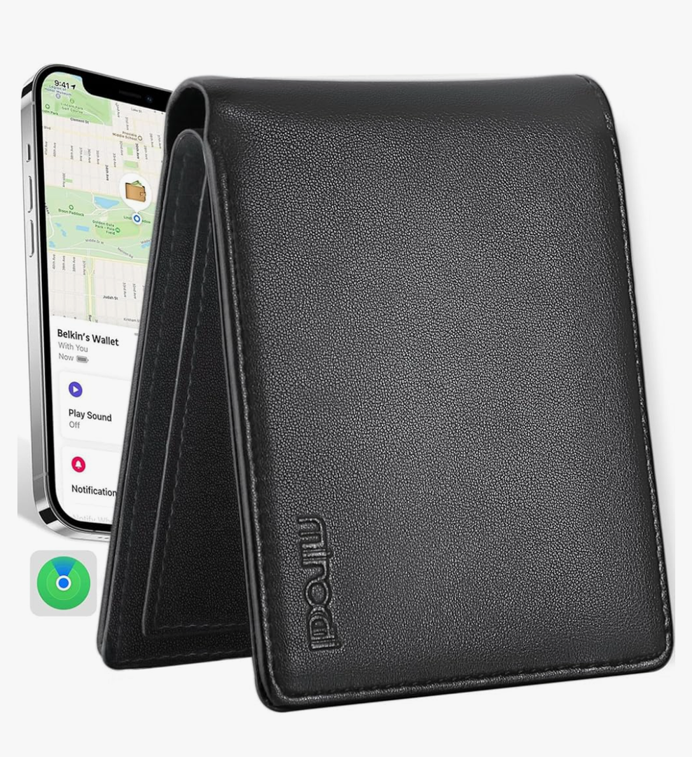 Mens Wallet Built-in Find My Real Time Tracker, 100% Genuine Leather RFID Blocking Classic Bifold Wallet for Men Upgrade Replacement for AirTag Wallet Credit Card Holder Smart Wallet for Men Black