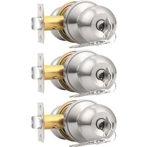 Probrico Brushed Nickel One Keyway Ball Door Knobs Entry Lock with Keys, 3 Pack Keyed Alike Door Locksets, Interior Exterior Keyed Hardware