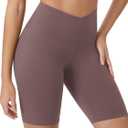ODODOS Women's Crossover Yoga Shorts with Back Pocket, 6" / 8" V High Wasit Lounge Biker Shorts (XS)