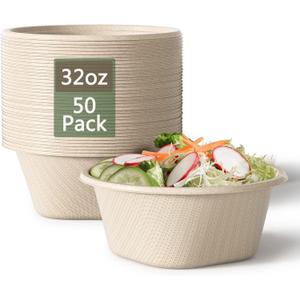 32 Oz Deep Paper Bowls Disposable Bowl - Disposable Heavy Duty Compostable Bowls, Eco-friendly Sugarcane Bagasse Biodegradable Bowl for Soup, Salad, Dessert, Ice Cream [50 Pack without Lds]