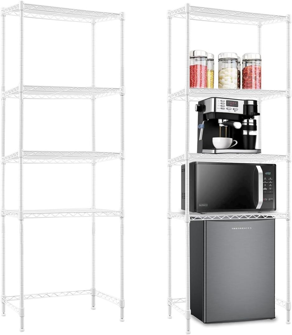 4 Tier Mini Fridge Shelf with Storage Over Mini Fridge Storage and Microwave Stand Height Adjustable Metal Storage Rack for Dorm Kitchen Office(White