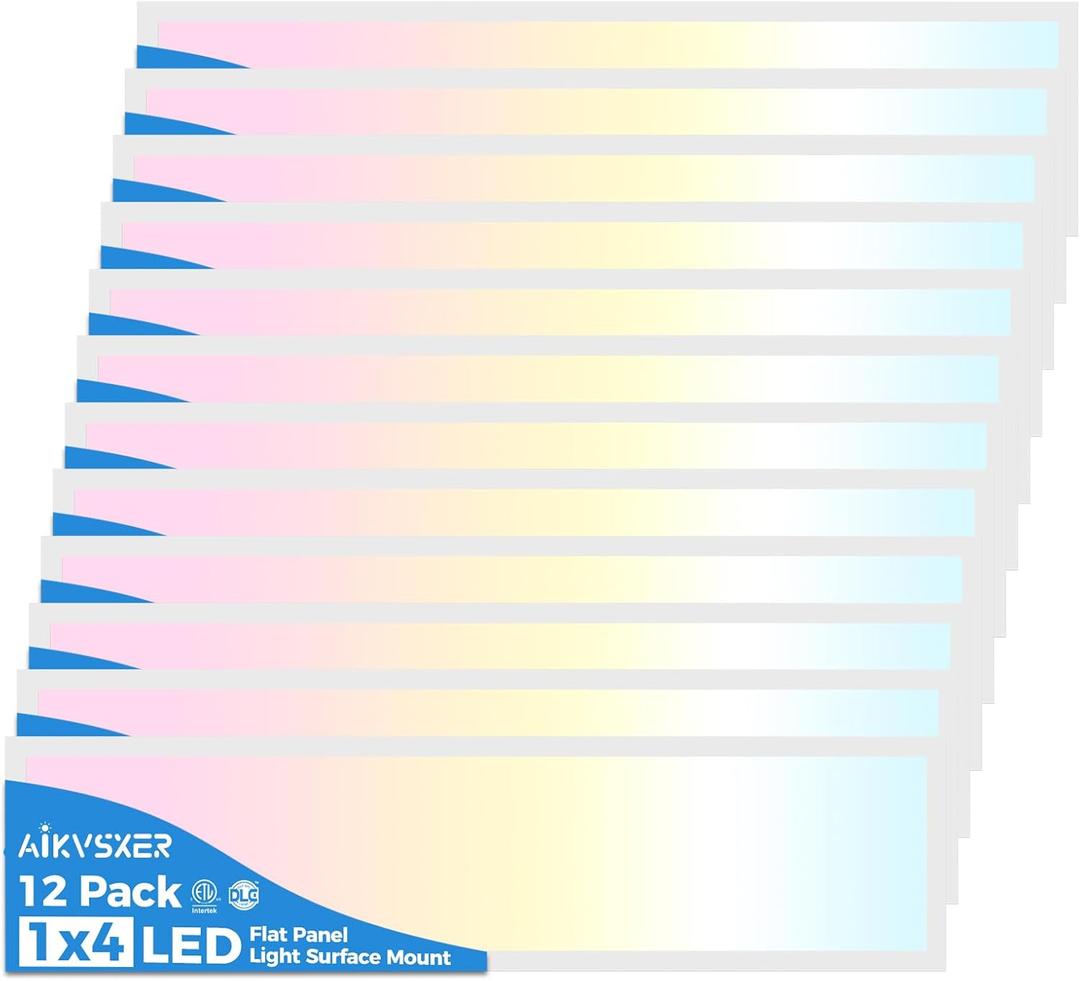 AIKVSXER 12PACK 1x4 LED Flat Panel Light Surface Mount LED Ceiling Light, 5500LM 50W TRIAC 10-100% Dimmable, 3000/4000/5000K AC120V Kitchen Lights Ceiling Flush Mount for Garage/Basement/Laundry (White)