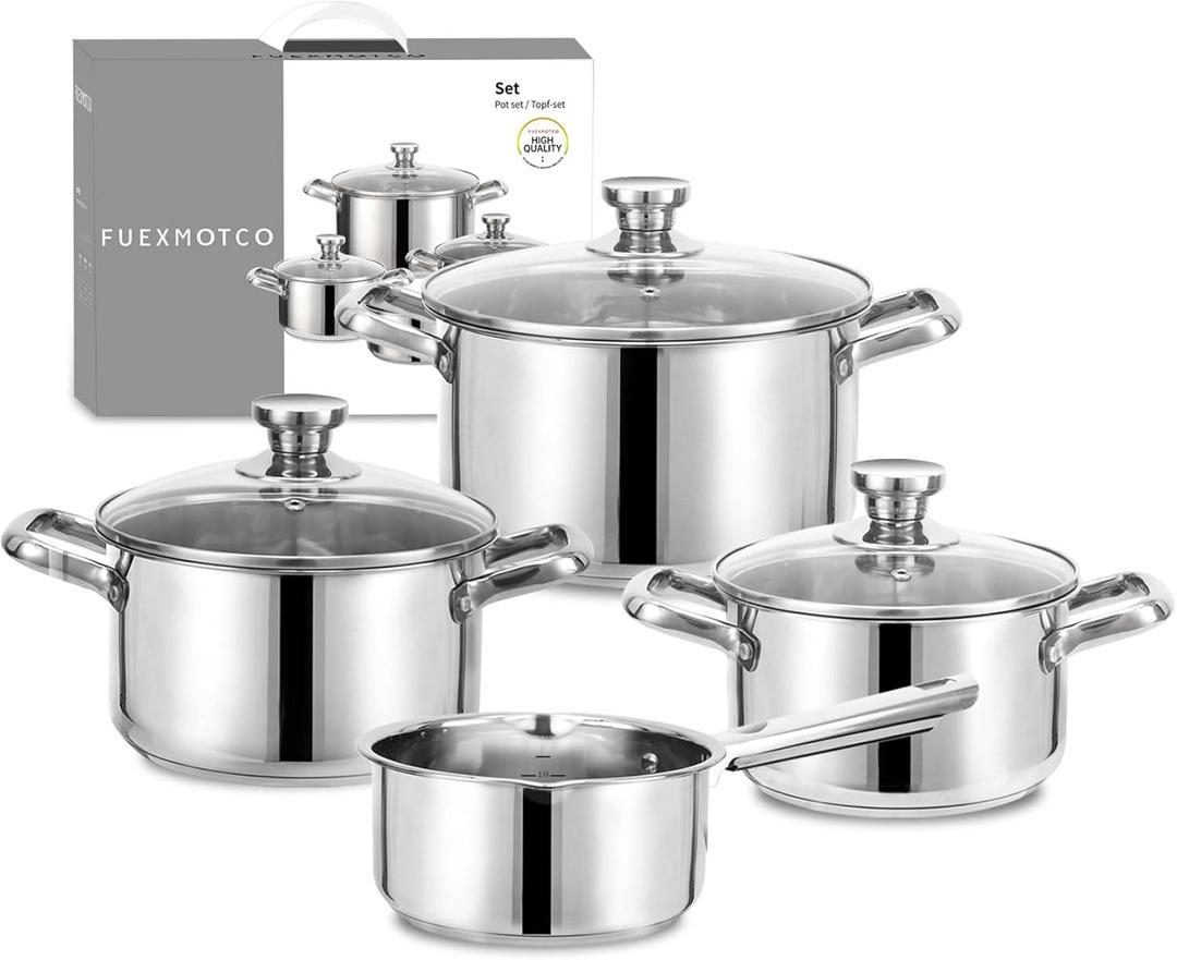 7-Piece Induction Ready Stainless Steel Cookware Set with Glass Lids,1.6QT Saucepan + 2.7QT/3.6QT/6.3QT Stockpots,Dishwasher Safe EvenHeat Tech Pro Kitchen Essentials