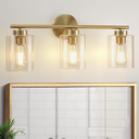 3 Light Gold Bathroom Vanity Light, 22 inch Bathroom Lighting Fixtures Over Mirror, Modern Brass Vanity Light with Clear Glass Shades, E26 Socket