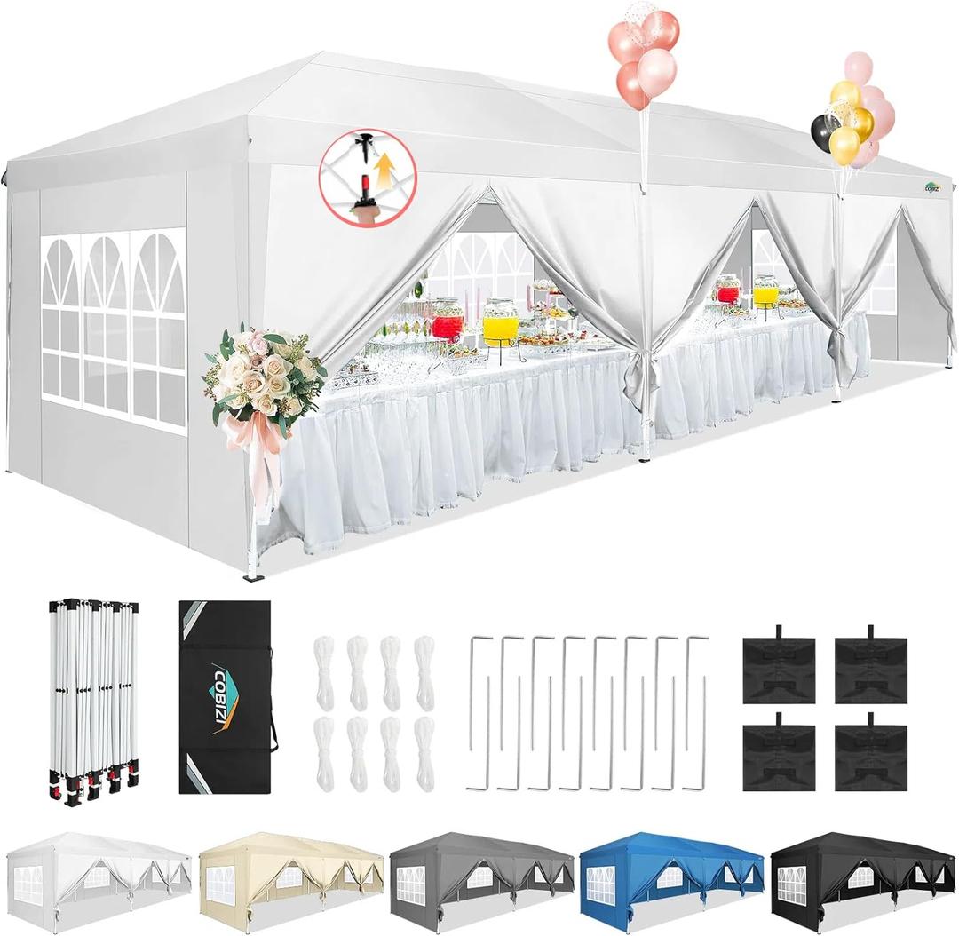COBIZI 10x30 Pop Up Canopy Tent for Parties with 8 Sidewalls Waterproof Commercial Instant Canopy 10x30 Party Tent for Backyard, Wedding Portable Outdoor Gazebo with Carrybag&4 Sandbags (White)