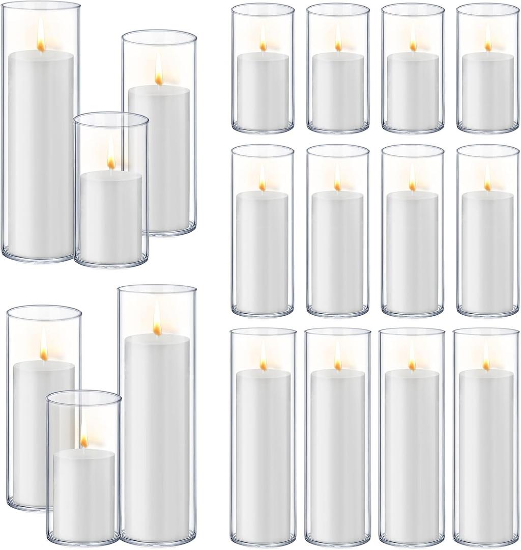 Homjoy 36 PCS White Pillar Candles with Glass Candle Holders Clear Hurricane Candle Holders Glass Cylinder Vases for Centerpieces Wedding Party, Event, Home Office (18 Candles+18 Candle Hoders)