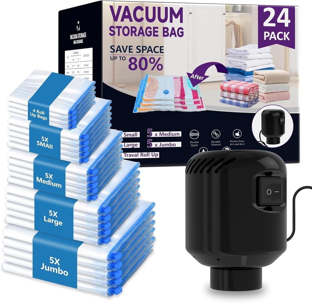 Morecoo 24Pack Vacuum Storage Bags with Electric Pump & New Air Valve, Space Saver Compression Bags for Clothes, Comforters, and Travel Essentials  Includes Jumbo, Large, Medium, Small & Roll-Up Bags