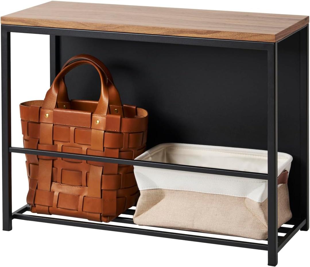 Yamazaki Home Tower Entryway Storage Shelf Rack for Slippers Shoes Boots Or Bags, Metal Entrance Mudroom Storage with Sturdy Wooden Bench Top, 18" - Steel + Wood (Black)
