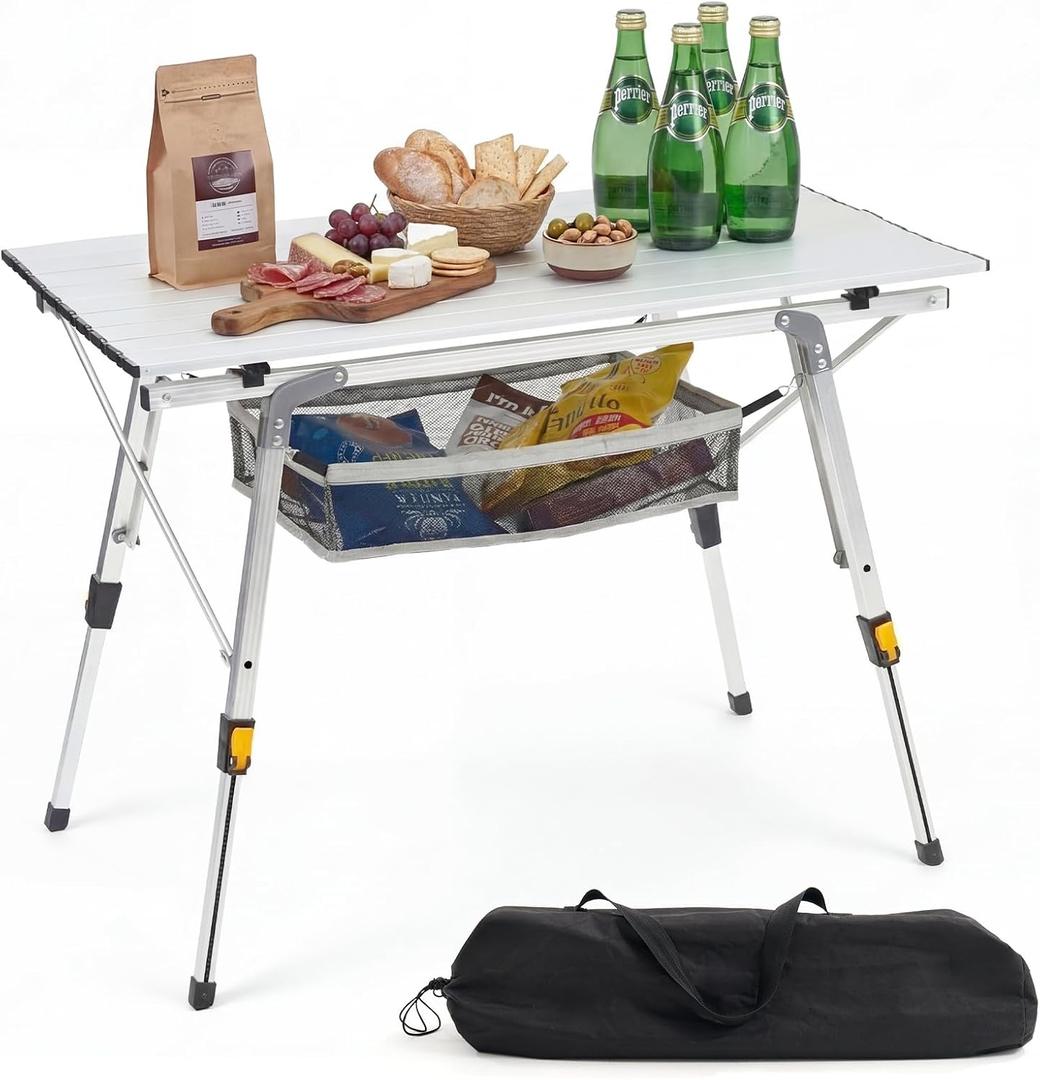 Camping Table Portable Foldable with Adjustable Legs, Aluminum Roll Up Table with Large Mesh Storage Layer & Carrying Bag, Lightweight Outdoor Picnic Table for Camping, Beach, BBQ, Backyard, 35.4 inches x 20.3 inches x 25.8 inches