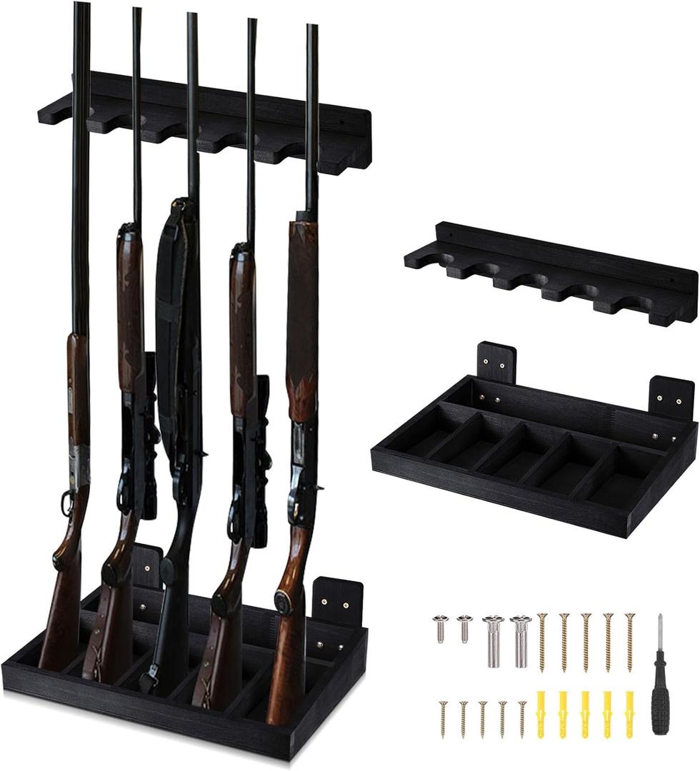 1 Set Wooden Vertical Gun Rack Wall Mount Indoor Hold up to 5 Long Guns Shotguns Rifle Racks Display Holder Stand for Firearms Display Storage Home Accessories Office (Black)