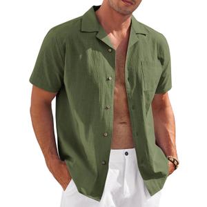 COOFANDY Mens Casual Cotton Linen Shirt Short Sleeve Button Up Shirts Summer Beach Top (3X-Large, Army Green)