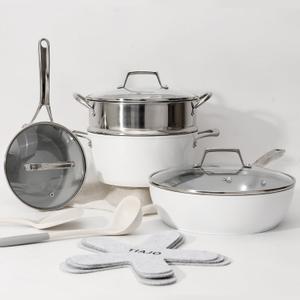 12 Pcs Pots and Pans Set Nonstick, Ceramic Cookware Set with Utensils and Pot Protectors, PFAS & PTFE & PFOA Free, Induction Compatible, Dishwasher Safe, Oven Safe, White & Gray