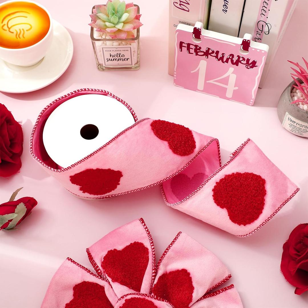 Whaline Valentine's Day Wired Edge Ribbon 2.7 Inch Pink Red Heart 3D Jacquard Velvet Embossed Fabric Wrapping Ribbon for Wedding Anniversary DIY Crafts Wreath Bow Making, 5 Yard