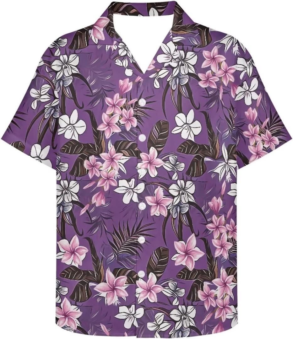 Hawaiian Shirts for Men Summer Floral Casual Short Sleeve Aloha Button Down Beach Shirts (Large, Pink Floral Purple)
