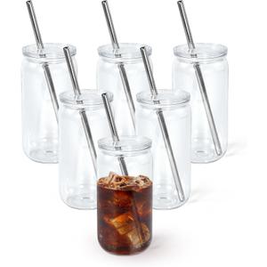 16oz Acrylic Mason Jar Cups, Clear Cups with Plastic Lids and Straws, Iced Coffee Cup Drinking Glass Tumbler for Whiskey, Soda, Tea, Juice, Gift, 6pcs
