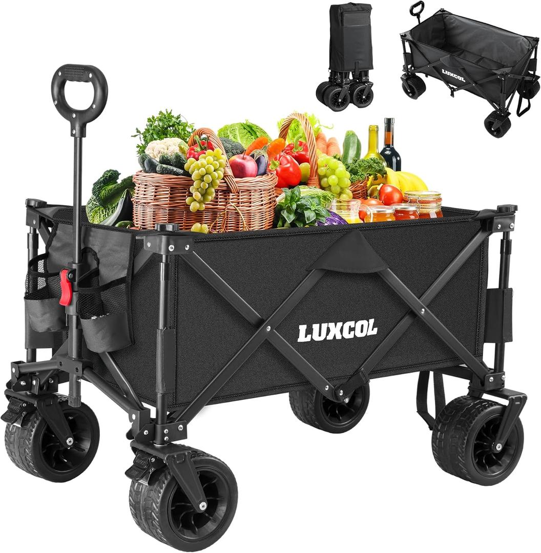 LUXCOL Collapsible Folding Wagon, Heavy Duty Utility Beach Wagon Cart for Sand with Big Wheels, Adjustable Handle&Drink Holders for Shopping, Camping,Garden and Outdoor (Matte Black) LUXCOL Collapsible Folding Wagon, Heavy Duty Utility Beach Wagon Cart for Sand with Big Wheels, Adjustable Handle&Drink Holders for Shopping, Camping,Garden and Outdoor (Matte Black)