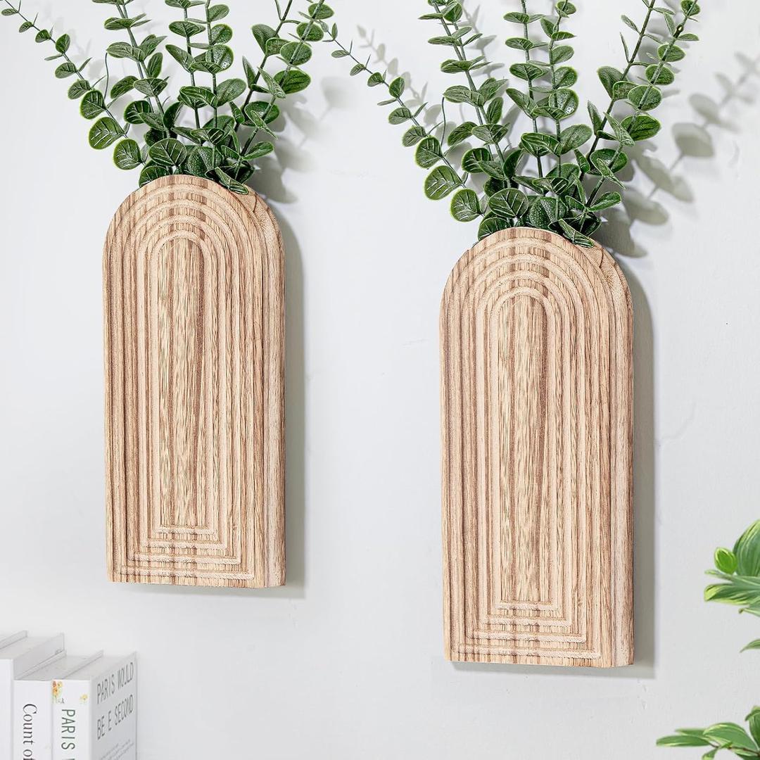 Wooden Wall Planter Vase Set of 2, Boho Hanging Planter for Indoor Plants & Flowers, Natural Wood Wall-Mounted Planters for Art Home Decor - Living Room, Bedroom, Bathroom, Patio (Natural Wood)