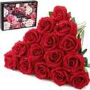15Pcs Artificial Roses Velet Real Touch Single Stem Fake Roses Silk Realistic Bouquet Flowers Arrangements Home Office Garden Grave Party Wedding Decoration (Red-15p, Blossom Roses)