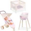LullaBaby  14-Inch Realistic Baby Doll & Accessory Bundle  Fair Skin Tone & Blue Eyes  Nursery Care Set  High Chair, Playpen & Jogger Stroller  Pretend Play Toys  Kids 2+ Years