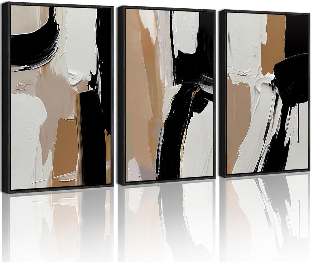 PHOPAGO 24x36in Large Black Abstract Framed Wall Art Modern Minimalist Painting Decor Graffiti Artwork Black Framed  (3 Pcs Black)
