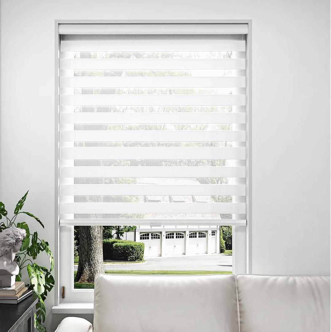 28" W x 72" H Cordless Zebra Blinds and Shades,Privacy for Day and Night,Free-Stop Roller Shades,Blinds for Windows Living Room Office Bedroom Door (White)