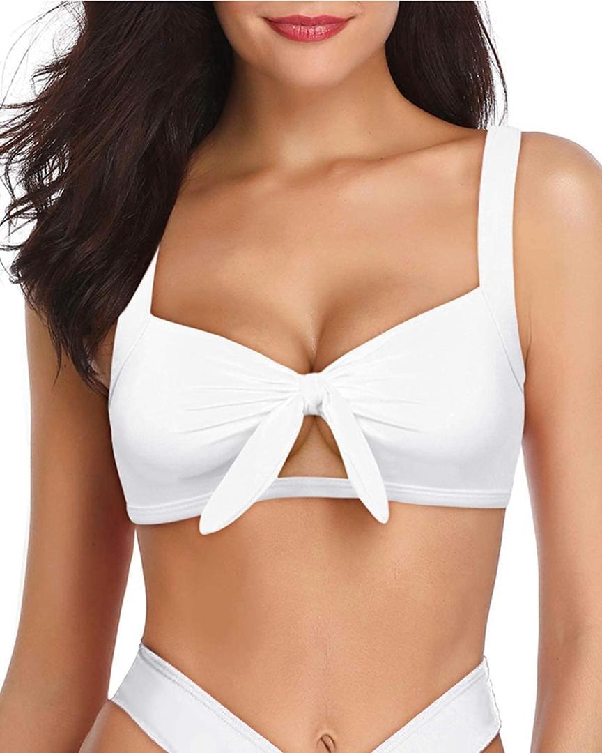 Tempt Me Women Bikini Tops Push Up Swim Top Front Tie Knot Bathing Suit Top Only (Large, White-2)