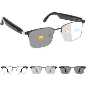 Tulbeys Smart Glasses with Open Ear, Photochromic Lenses, Polarized Sunglasses Bluetooth, Voice Assistant, Mic Speakers for Men Women Bluetooth Glasses, Hands-Free Listening Voice Control(Silver)