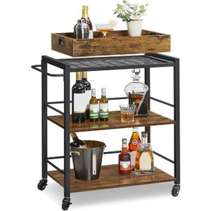 VASAGLE Kitchen Serving Cart with Removable Tray, 3-Tier Kitchen Utility Cart on Wheels with Storage, with Brakes, Leveling Feet, 15.7 x 28.3 x 33.9 Inches, Rustic Brown and Black ULRC72X