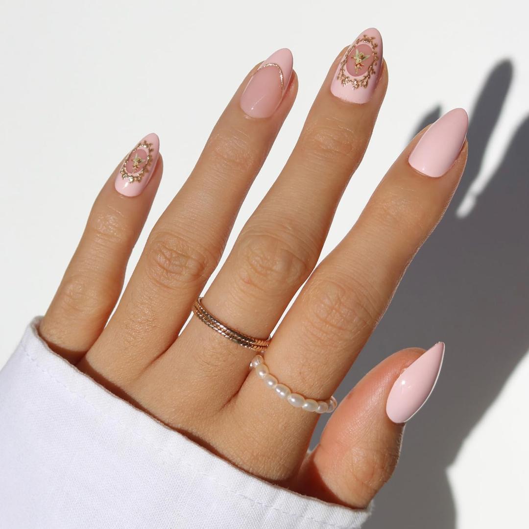 Glamnetic Press On Nails - Lovers Crest Spring Nails | Short Almond Fake Nails in a Soft Blush Pink Hue, Vintage Angel Cherub Graphics, French Tips and 3D | 15 Sizes - 30 Nail Kit with Glue
