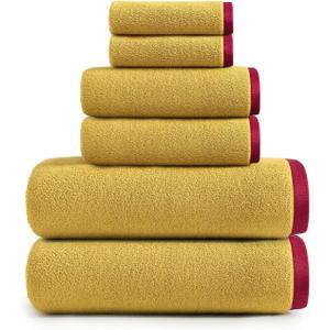 6 Pack Premium Bath Towels Set,2 Bath Towels, 2 Hand Towels, 2 WashCloths,100% Cotton Extra Absorbent Silk Hemming Towels for Bathroom (Yellow)