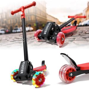 Kick Scooters for Kids 5-7 8-12,Lean to Steer,Three Wheeled Light Up,28"-32" Adjustable Handlebar,Widen Anti-Slip Deck,Floor Push Scooter for Boys Girls Ages 6-12 3-4 Old,Foldable for Travel (Red)