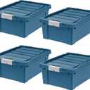 IRIS USA 12 Gallon Eco-Friendly Lockable Storage Bins with Lids, 4 Pack - Made in USA, Heavy Duty, Stackable Containers, Garage Organizing Bins Moving Tubs, Rugged Sturdy Equipment Utility Box - Navy