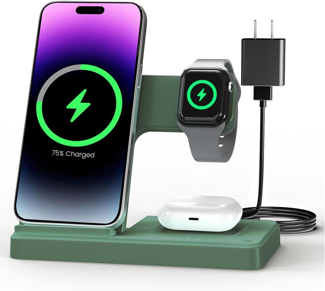 Wireless Charger Stand Charging Station: 3 in 1 Charger Multiple Devices for Apple iPhone 17 16e 16 15 14 Pro Max 13 12 11 for Watch 11 10 9 8 7 6 5 4 3 2 SE and Ultra & Airpods Series, Dark Green