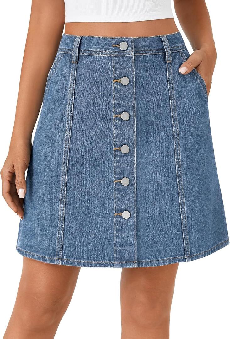 Rooscier Women's Button Down High Waisted A Line Jean Mini Denim Skirt with Pockets (Blue, XS)