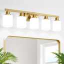 Brushed Gold Bathroom Vanity Light,5-Light Bathroom Light Fixtures with Square Frosted Glass,Gold Bathroom Wall Lamp Sconces for Mirror Bedroom,Living Room Hallway,E26