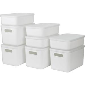 8 Pcs Storage Bins with Lids, Stackable Plastic Storage Containers for Organizing, Organizer Bins Shelf Baskets for Pantry Cabinet Shelves Desktop Freezer Drawer Organization (White, 4M+4S)
